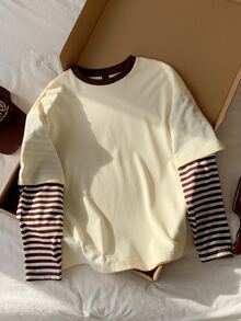 Comfortcana Comfortable Cotton Blend Women's Layered Striped Long Sleeved Fake 2 Pieces T-Shirt, Suitable For Dai - Apricot - View 5