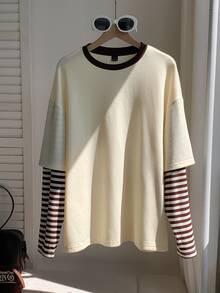 Comfortcana Comfortable Cotton Blend Women's Layered Striped Long Sleeved Fake 2 Pieces T-Shirt, Suitable For Dai - Apricot - View 4