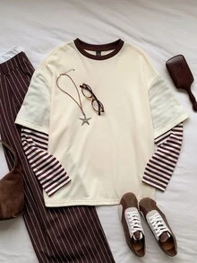 Comfortcana Comfortable Cotton Blend Women's Layered Striped Long Sleeved Fake 2 Pieces T-Shirt, Suitable For Dai - Apricot - View 9