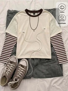 Comfortcana Comfortable Cotton Blend Women's Layered Striped Long Sleeved Fake 2 Pieces T-Shirt, Suitable For Dai - Apricot - View 2