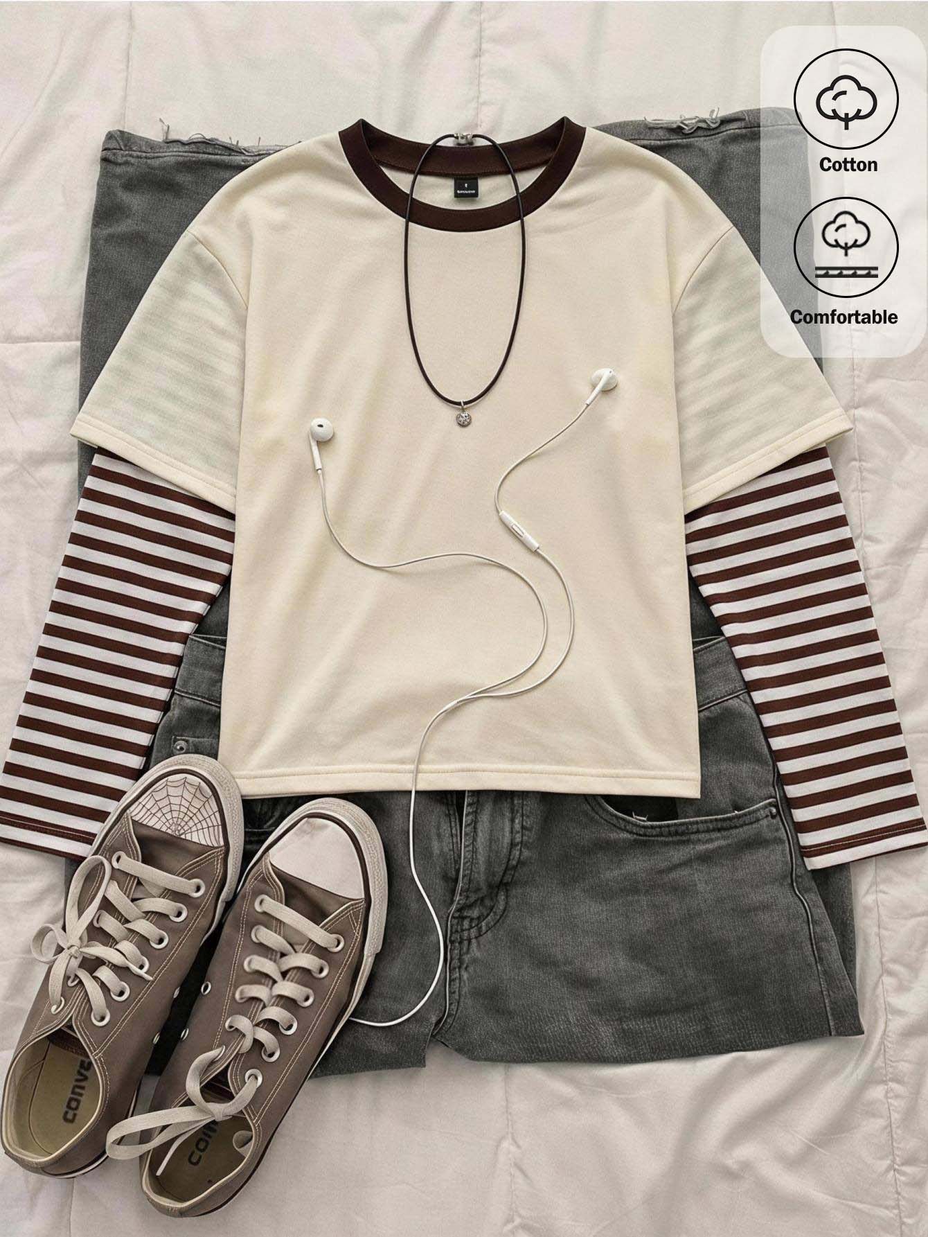 Comfortcana Comfortable Cotton Blend Women's Layered Striped Long Sleeved Fake 2 Pieces T-Shirt, Suitable For Dai