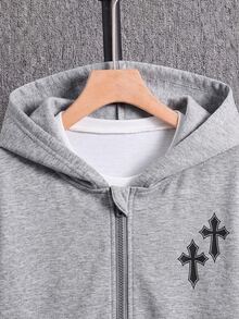 SHEIN 兒童 Bolty 十字玫瑰紋理帥氣龐克復古態度個性化大童男孩休閒衛衣，適合秋冬穿著，亦適用夏季 - 灰色 - 查看 5