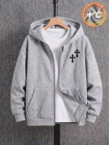 SHEIN 兒童 Bolty 十字玫瑰紋理帥氣龐克復古態度個性化大童男孩休閒衛衣，適合秋冬穿著，亦適用夏季 - 灰色 - 查看 4