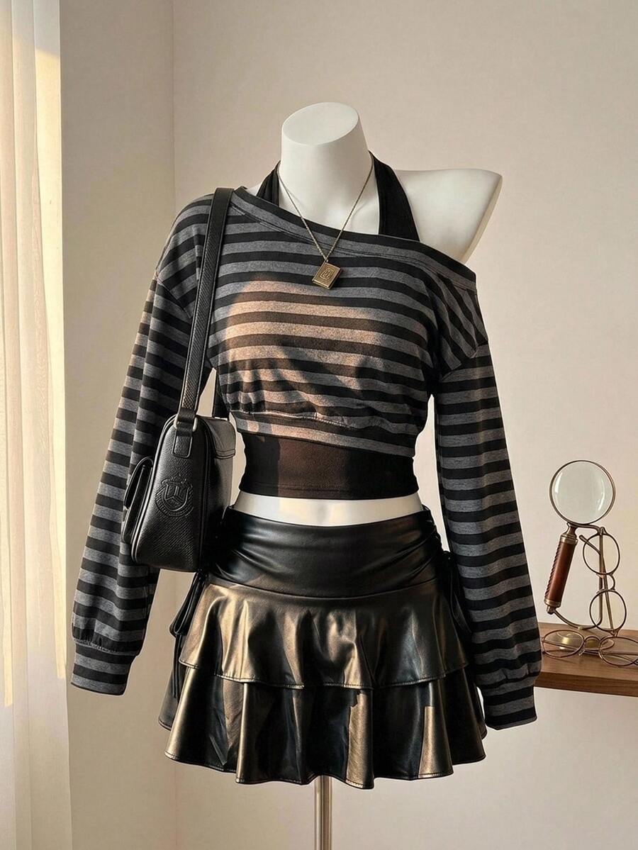 SHEIN MOD 女款黑白條紋單肩短版上衣,掛脖鏤空長袖襯衫,不對稱下擺修身 Y2K 派對夜店風秋季上衣 - 彩色 - 查看 1