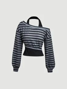 SHEIN MOD 女款黑白條紋單肩短版上衣，掛脖鏤空長袖襯衫，不對稱下擺修身 Y2K 派對夜店風秋季上衣 - 彩色 - 查看 6