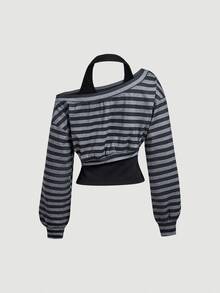 SHEIN MOD 女款黑白條紋單肩短版上衣，掛脖鏤空長袖襯衫，不對稱下擺修身 Y2K 派對夜店風秋季上衣 - 彩色 - 查看 2