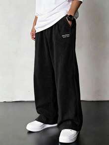 SHEIN Casual Everyday Versatile Comfortable Printed Pattern Straight Loose Sweatpants For Teen Boys Black - Black - View 1
