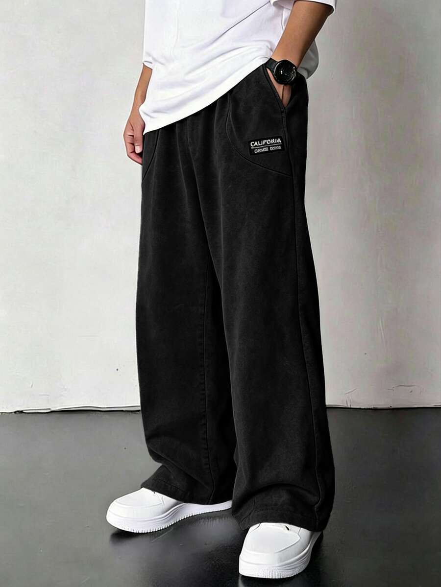 SHEIN Casual Everyday Versatile Comfortable Printed Pattern Straight Loose Sweatpants For Teen Boys Black - Black - View 1