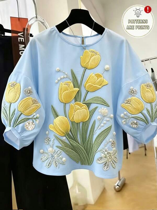 SHEIN Franclia 女士蓝色碎花七分袖衬衫，适合夏季休闲装、通勤和休闲穿着。