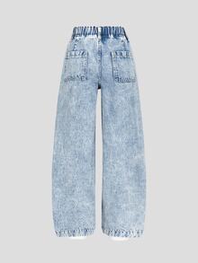 Tween Girls Light Blue Elastic Waist Bow Decor Rope Simple Casual Patch Pocket Washed Wide Leg Denim Jeans - Light Wash - View 2