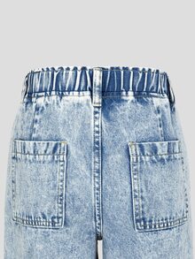 Tween Girls Light Blue Elastic Waist Bow Decor Rope Simple Casual Patch Pocket Washed Wide Leg Denim Jeans - Light Wash - View 4