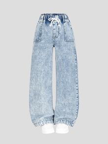 Tween Girls Light Blue Elastic Waist Bow Decor Rope Simple Casual Patch Pocket Washed Wide Leg Denim Jeans - Light Wash - View 3