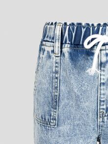 Tween Girls Light Blue Elastic Waist Bow Decor Rope Simple Casual Patch Pocket Washed Wide Leg Denim Jeans - Light Wash - View 7