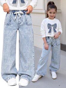 Tween Girls Light Blue Elastic Waist Bow Decor Rope Simple Casual Patch Pocket Washed Wide Leg Denim Jeans - Light Wash - View 8