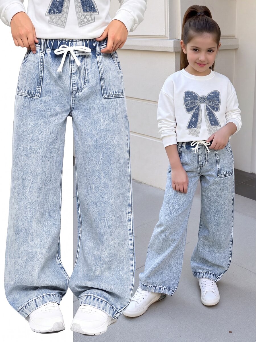 Tween Girls Light Blue Elastic Waist Bow Decor Rope Simple Casual Patch Pocket Washed Wide Leg Denim Jeans Autumn Fall - Light Wash - View 1