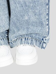 Tween Girls Light Blue Elastic Waist Bow Decor Rope Simple Casual Patch Pocket Washed Wide Leg Denim Jeans - Light Wash - View 5
