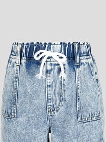 Tween Girls Light Blue Elastic Waist Bow Decor Rope Simple Casual Patch Pocket Washed Wide Leg Denim Jeans - Light Wash - View 6