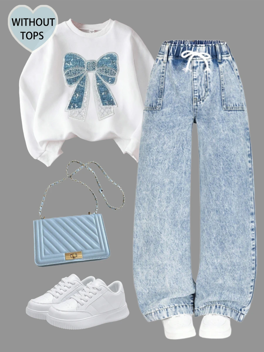 Tween Girls Light Blue Elastic Waist Bow Decor Rope Simple Casual Patch Pocket Washed Wide Leg Denim Jeans - Light Wash - View 1
