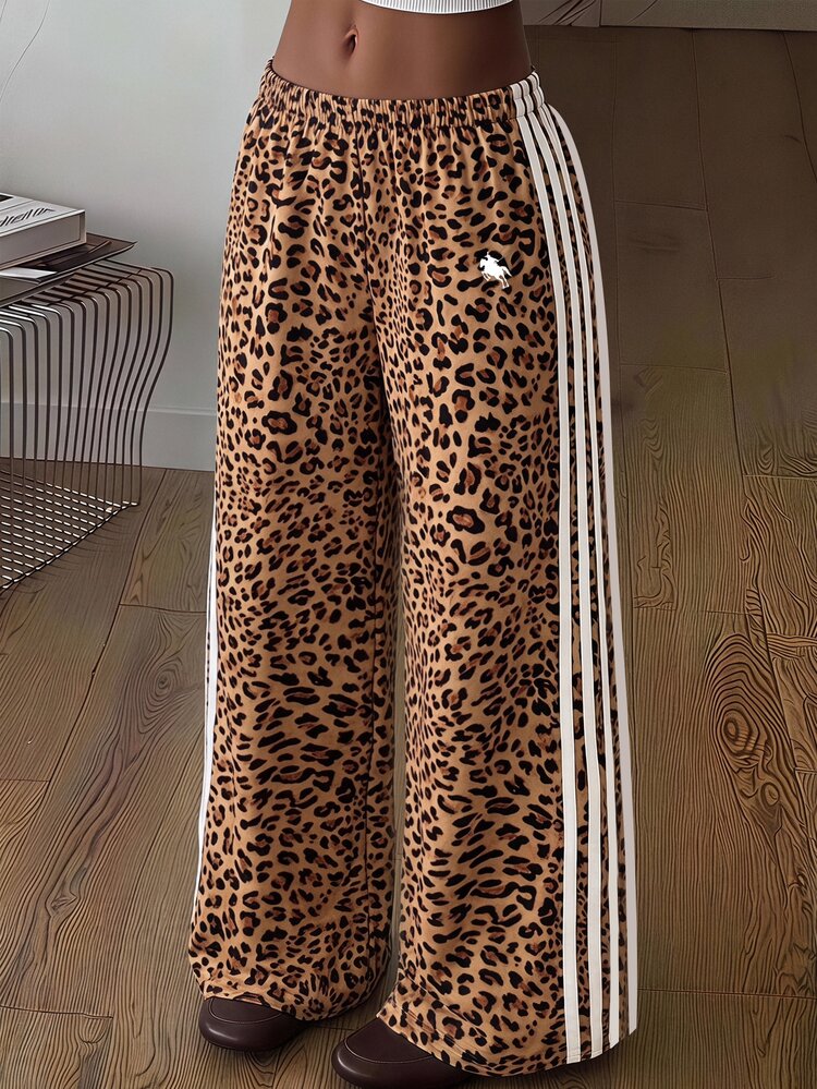 SHEIN Tween Girl Pants Tween Girl Autumn/Winter Casual Street Woven Leopard Print Tape Decor Loose Wide Leg Long Pants, Versatile Long Pants, All-Match Daily/Outing/Airport Outfit - Khaki - View 7