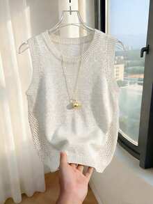 SHEIN Solid Pointelle Knit Sweater Vest - White - View 8