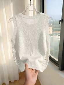 SHEIN Solid Pointelle Knit Sweater Vest - White - View 2