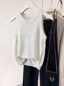 SHEIN Solid Pointelle Knit Sweater Vest - White - View 7