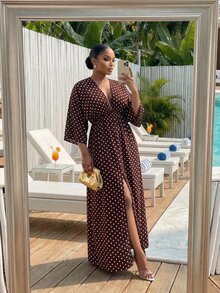 SHEIN Lady CURVE 大尺碼女款棕色印花 3/4 袖開衩下擺休閒洋裝，適合秋季度假、婚禮賓客穿著 - 棕色 - 查看 5
