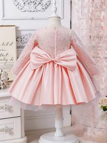 SHEIN Elladie kids 女童長袖圓領亮片拼接網紗蝴蝶結優雅仙女公主禮服，婚禮7歲生日小花童紅色秋季款 - 粉色 - 查看 2