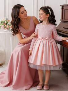 SHEIN Elladie kids 女童長袖圓領亮片拼接網紗蝴蝶結優雅仙女公主禮服，婚禮7歲生日小花童紅色秋季款 - 粉色 - 查看 5