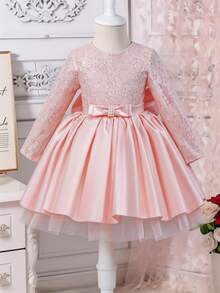 SHEIN Elladie kids 女童長袖圓領亮片拼接網紗蝴蝶結優雅仙女公主禮服，婚禮7歲生日小花童紅色秋季款 - 粉色 - 查看 3