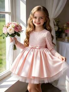 SHEIN Elladie kids 女童長袖圓領亮片拼接網紗蝴蝶結優雅仙女公主禮服，婚禮7歲生日小花童紅色秋季款 - 粉色 - 查看 1