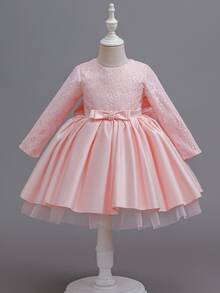 SHEIN Elladie kids 女童長袖圓領亮片拼接網紗蝴蝶結優雅仙女公主禮服，婚禮7歲生日小花童紅色秋季款 - 粉色 - 查看 4