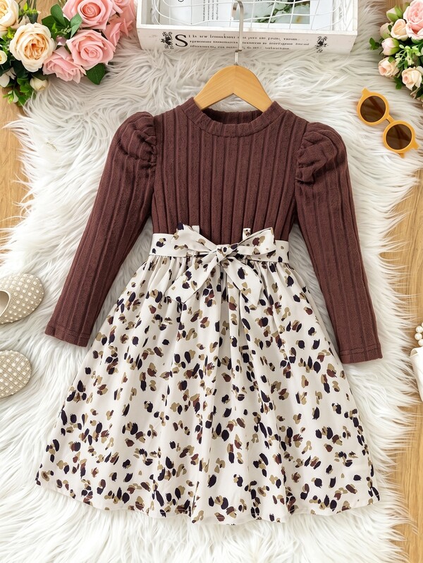 Vintaside Kids Girls' Autumn/Winter Dress, Coffee-Colored Vertical Stripe Puff Long Sleeve Top With Leopard Print Skirt Hem, Matching Print Tie Bow At Waist, Vintage Color Palette, Soft And Elegant, Layered Design, Gentle And Retro Childlike Vibe