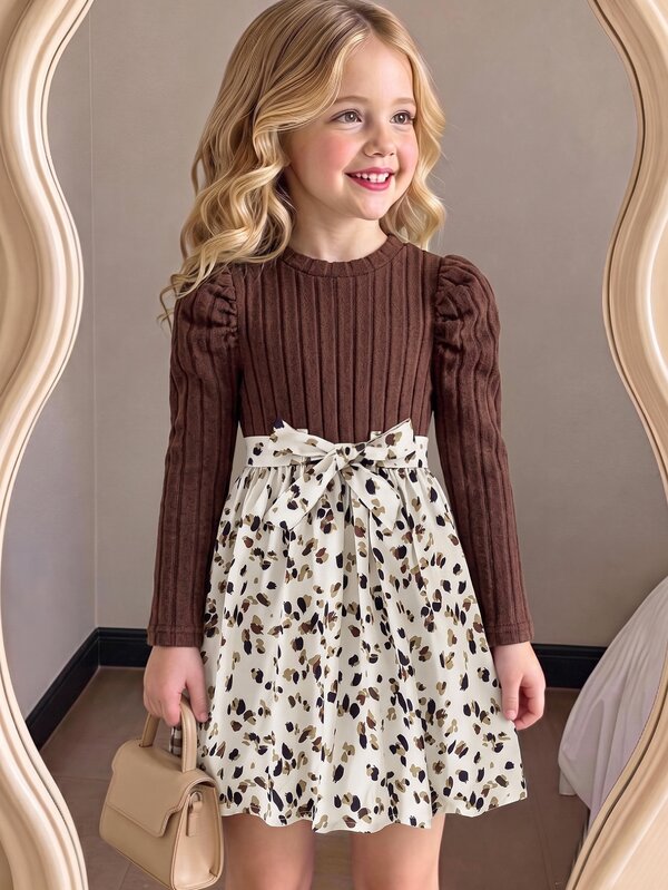 Vintaside Kids Girls' Autumn/Winter Dress, Coffee-Colored Vertical Stripe Puff Long Sleeve Top With Leopard Print Skirt Hem, Matching Print Tie Bow At Waist, Vintage Color Palette, Soft And Elegant, Layered Design, Gentle And Retro Childlike Vibe