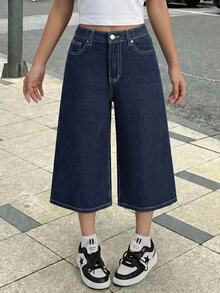 SHEIN 女童深色丹寧寬鬆寬腿七分褲 夏季休閒 校園返校 秋季度假 Y2K 可愛牛仔女孩風 適合搭配白色襯衫 - 藍色 - 查看 1