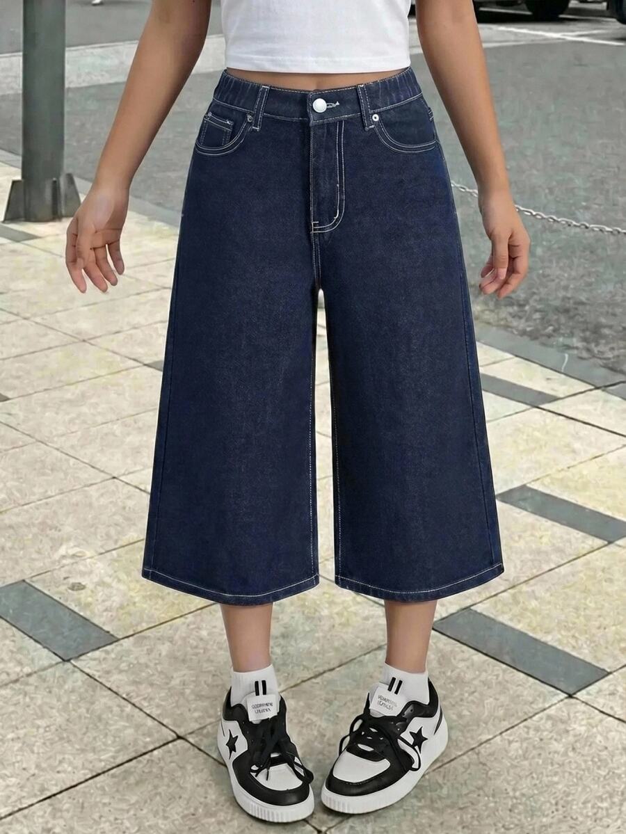 SHEIN 女童深色丹寧寬鬆寬腿七分褲 夏季休閒 校園返校 秋季度假 Y2K 可愛牛仔女孩風 適合搭配白色襯衫 - 藍色 - 查看 1