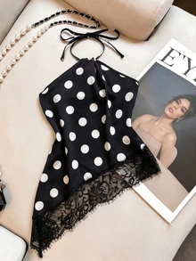 Franclia Plus Size Women's Polka Dot Lace Patchwork Sexy Casual Camisole - Black - View 2