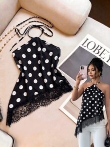 Franclia Plus Size Women's Polka Dot Lace Patchwork Sexy Casual Camisole - Black - View 1