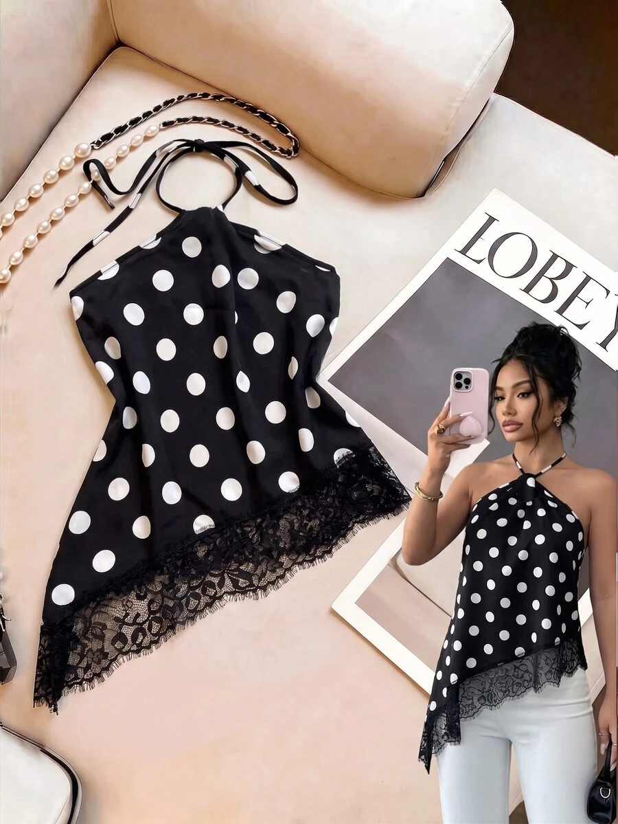 Franclia Plus Size Women's Polka Dot Lace Patchwork Sexy Casual Camisole - Black - View 1