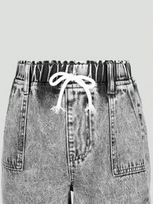 Tween 女童浅蓝色松紧腰蝴蝶结装饰休闲宽松水洗阔腿牛仔裤 - 灰色 - 查看 6