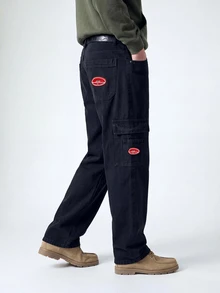 QuarKem Men Cotton Embroidery Flap Pockets Cargo Jeans - Black - View 4