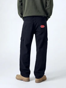 QuarKem Men Cotton Embroidery Flap Pockets Cargo Jeans - Black - View 2
