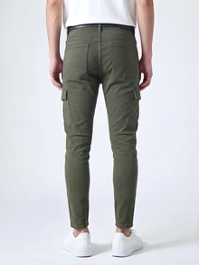 QuarKem Men Cotton Flap Pocket Side Cargo Jeans Slim Fit Long Washed Dark Wash Army Green,Autumn,Streetwear,Work Plain Olive Green Basic Husband Commute - Army Green - View 2