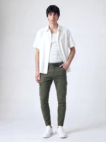 QuarKem Men Cotton Flap Pocket Side Cargo Jeans Slim Fit Long Washed Dark Wash Army Green,Autumn,Streetwear,Work Plain Olive Green Basic Husband Commute - Army Green - View 5