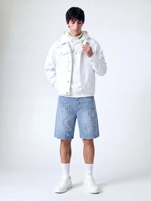 QuarKem Men Long Sleeve Cotton Ripped Flap Pocket Denim Jacket Without Hoodie, Fall - White - View 4