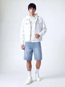 QuarKem Men Long Sleeve Cotton Ripped Flap Pocket Denim Jacket Without Hoodie, Fall - White - View 6