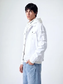 QuarKem Men Long Sleeve Cotton Ripped Flap Pocket Denim Jacket Without Hoodie, Fall - White - View 3