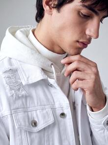 QuarKem Men Long Sleeve Cotton Ripped Flap Pocket Denim Jacket Without Hoodie, Fall - White - View 5