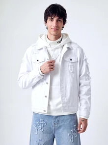 QuarKem Men Long Sleeve Cotton Ripped Flap Pocket Denim Jacket Without Hoodie, Fall - White - View 1