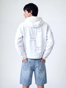 QuarKem Men Long Sleeve Cotton Ripped Flap Pocket Denim Jacket Without Hoodie, Fall - White - View 2